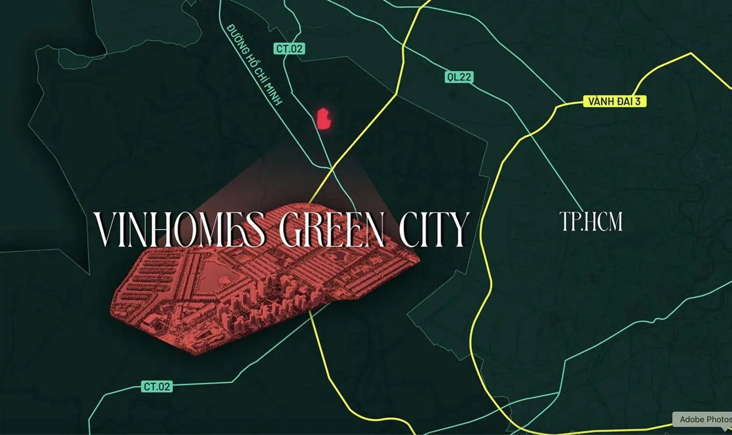 Vị trí dự án Vinhomes Green City tại thị trấn Hậu Nghĩa, xã Đức Lập Thượng và xã Tân Mỹ, thuộc huyện Đức Hòa, tỉnh Long An